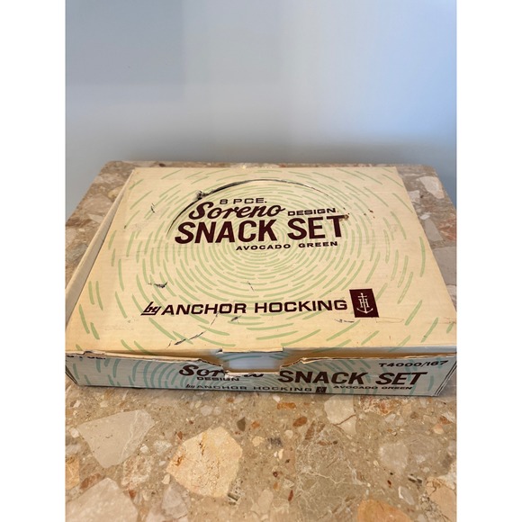 Anchor Hocking Other - Vintage Anchor Hocking Soreno Snack Set Avocado Green Plates Cups w/ Box MCM